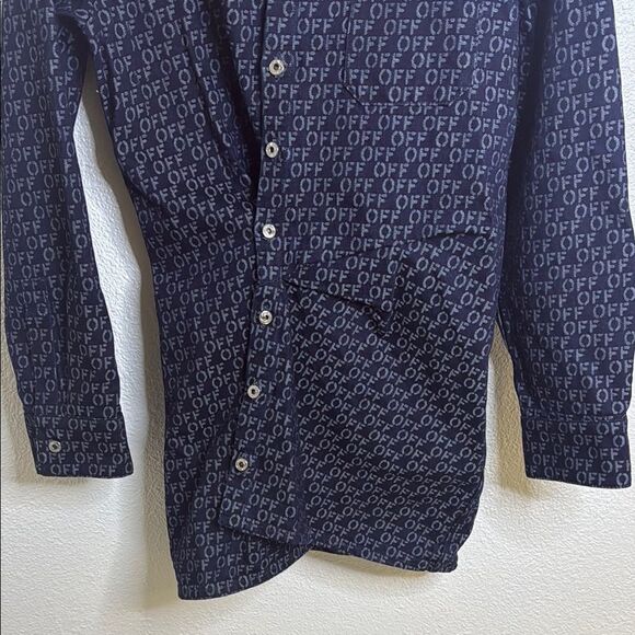 NWT- OFF-WHITE Navy Button-Up Shirt with Patterned logo Print- size 38 (Size 2) - Picture 6 of 16